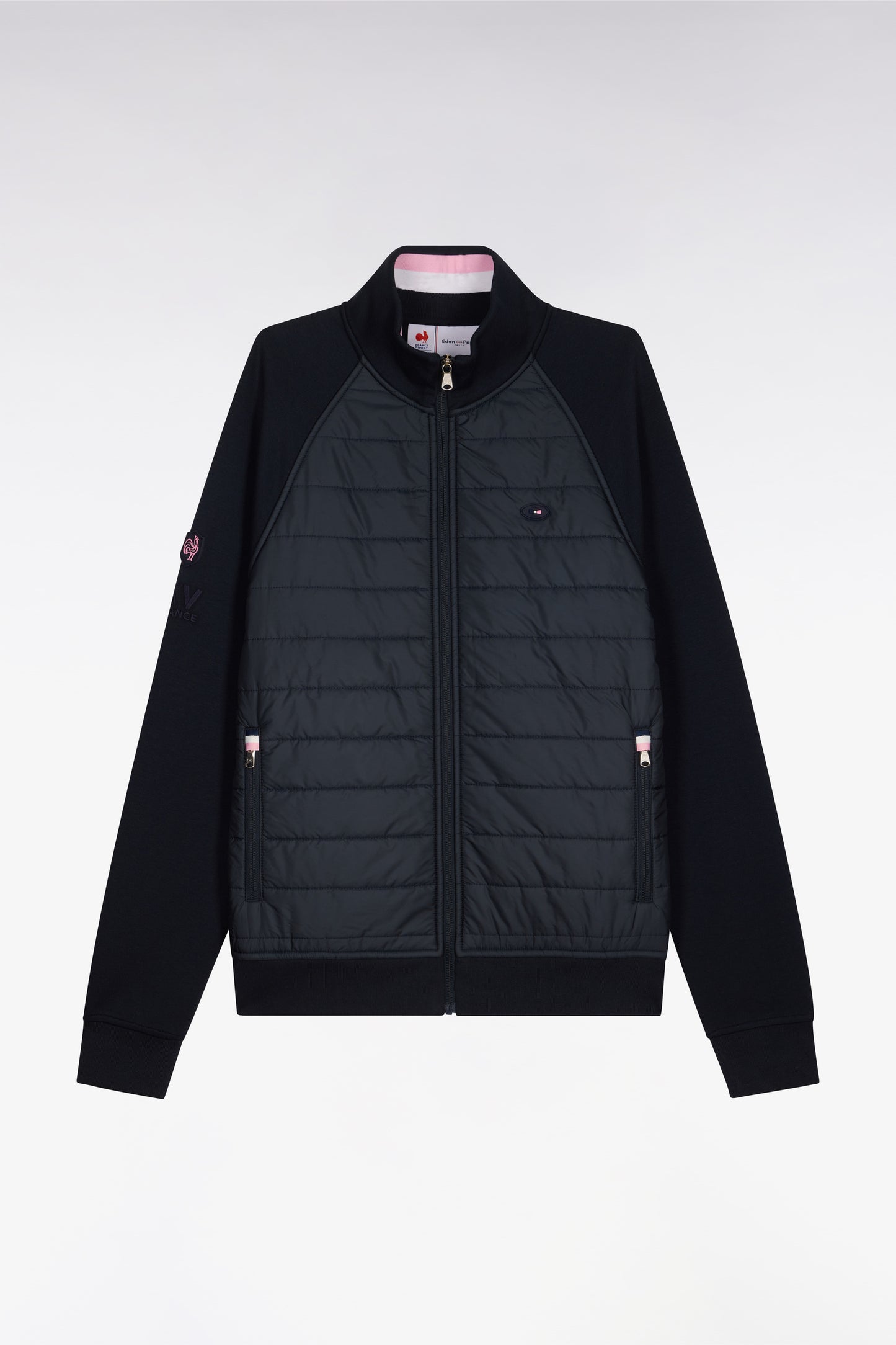 XV de France zipped sweatshirt in navy fleece with quilted facing, regular fit