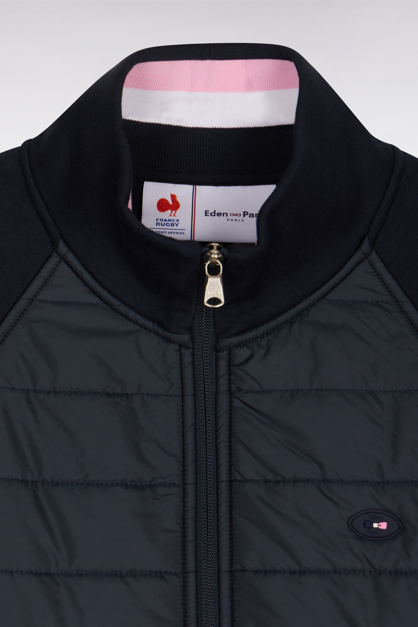 XV de France zipped sweatshirt in navy fleece with quilted facing, regular fit
