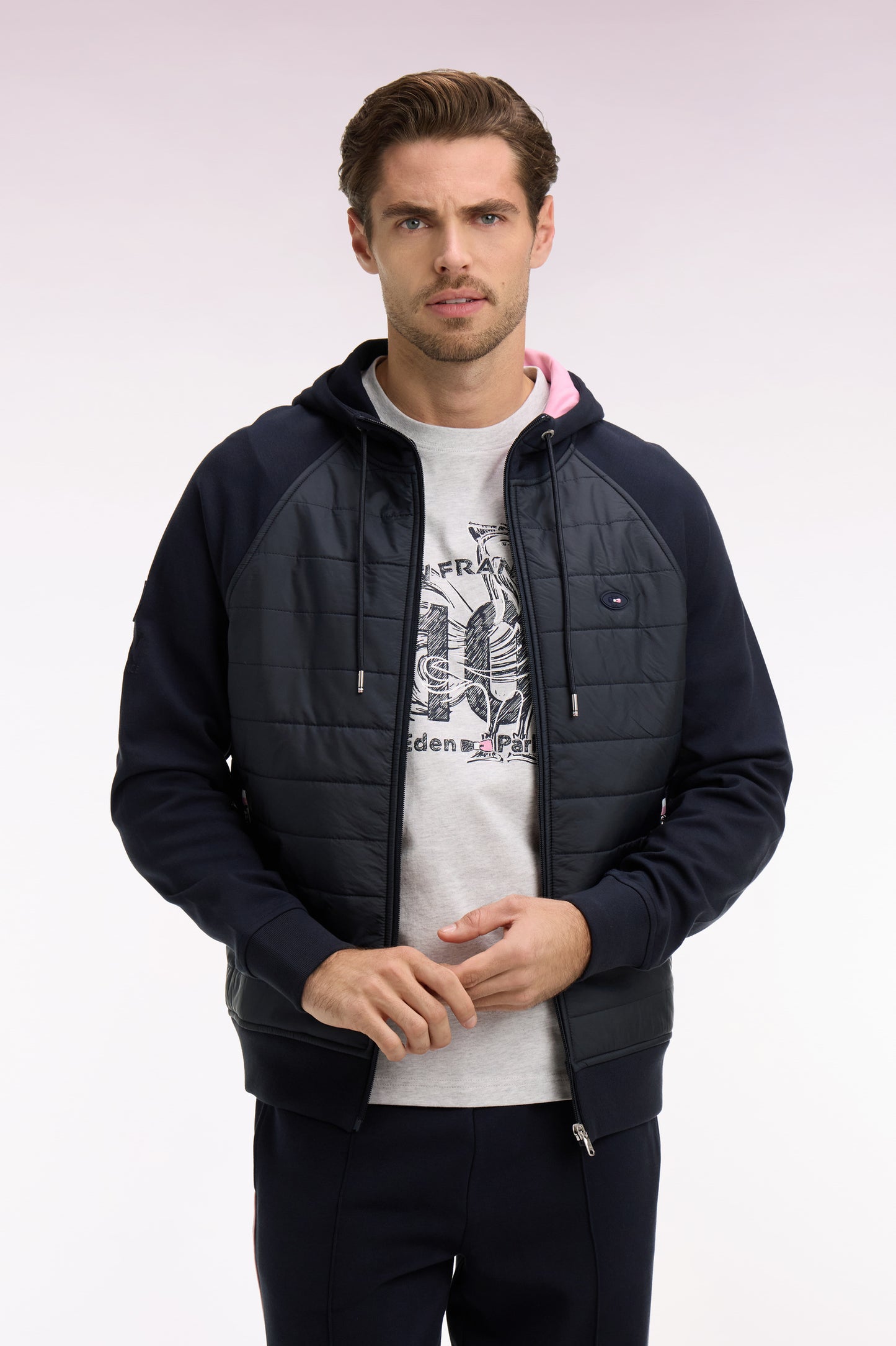 Sweatshirt zippé XV de France à capuche en molleton à parmenture matelassée marine coupe regular