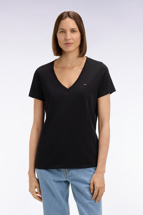 T-shirt à manches courtes col V en coton Pima noir coupe regular - Image 3