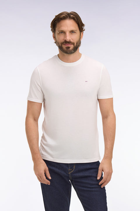 Short-sleeved white lyocell and cotton T-shirt, regular fit - Image 3