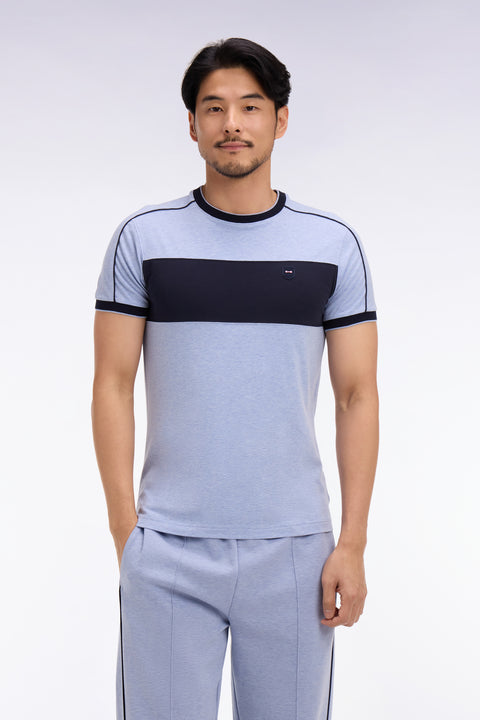 T-shirt à manches courtes en coton stretch bleu ciel à découpes coupe slim - Image 3