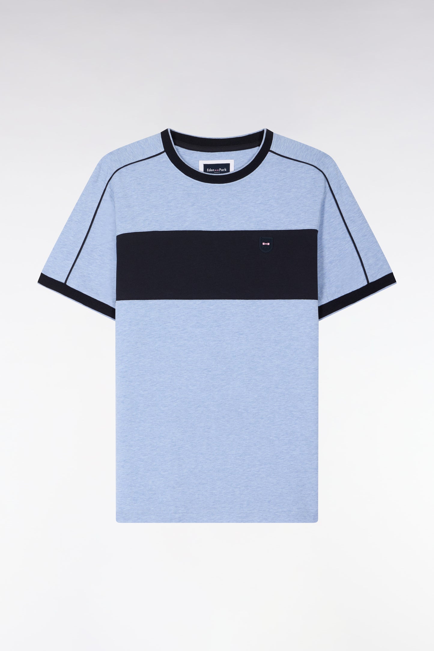 Short-sleeved slim-fit sky blue stretch cotton T-shirt with cutouts
