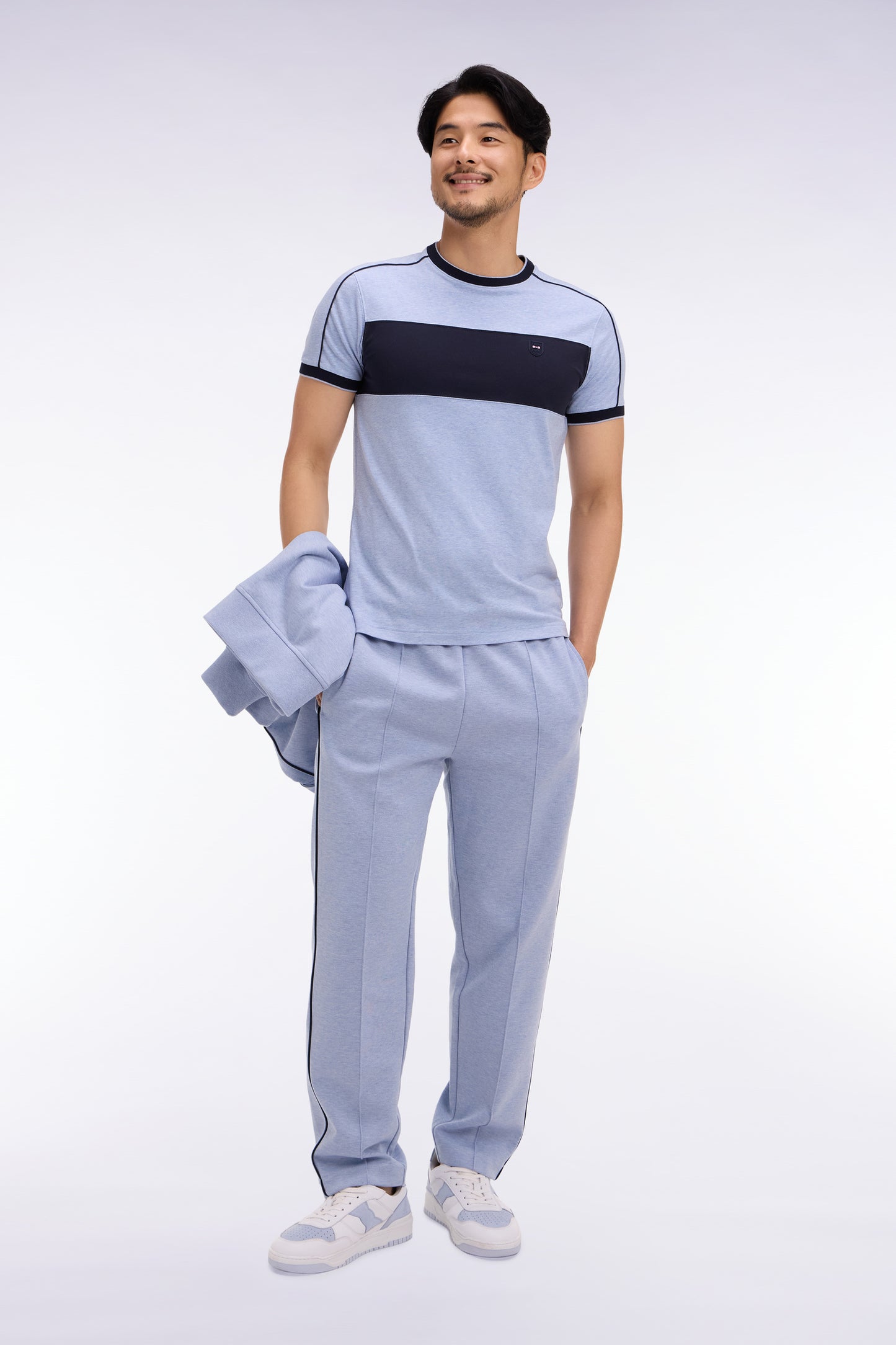 Short-sleeved slim-fit sky blue stretch cotton T-shirt with cutouts