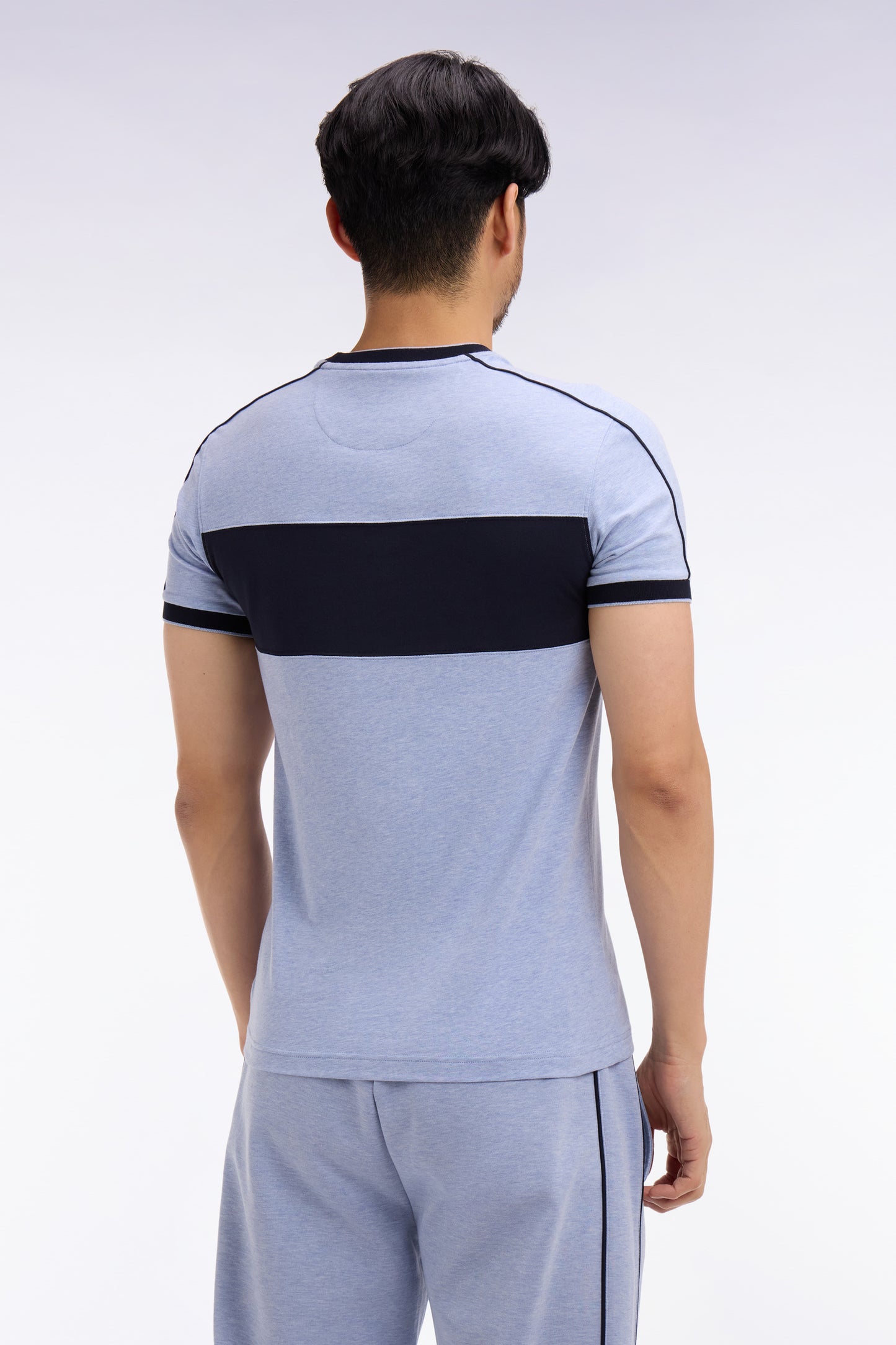 Short-sleeved slim-fit sky blue stretch cotton T-shirt with cutouts