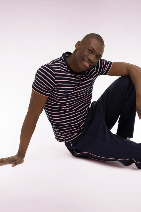 T-shirt à manches courtes en coton stretch rayé marine coupe slim - Image 1