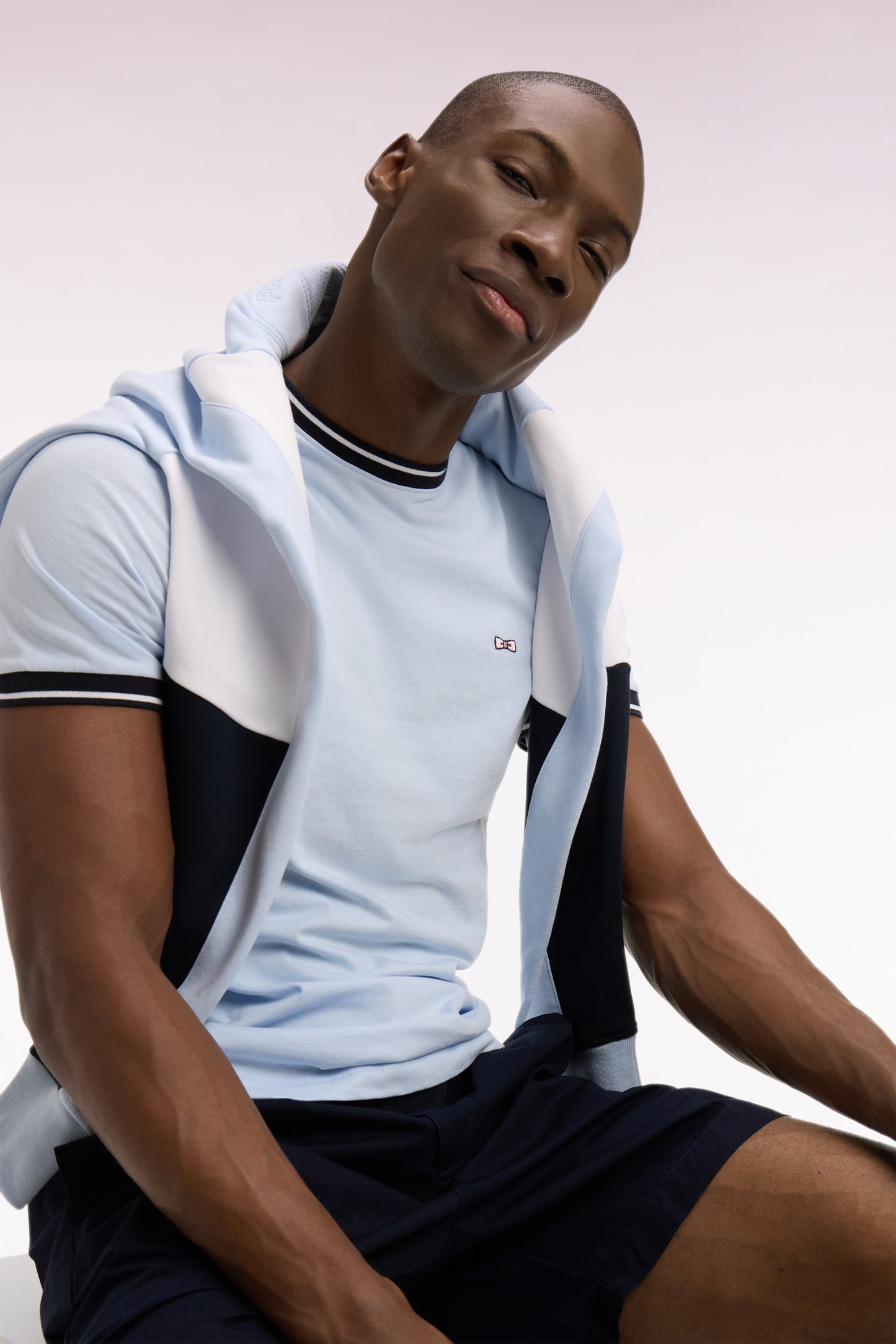Short-sleeved T-shirt in sky blue embroidered cotton, regular fit