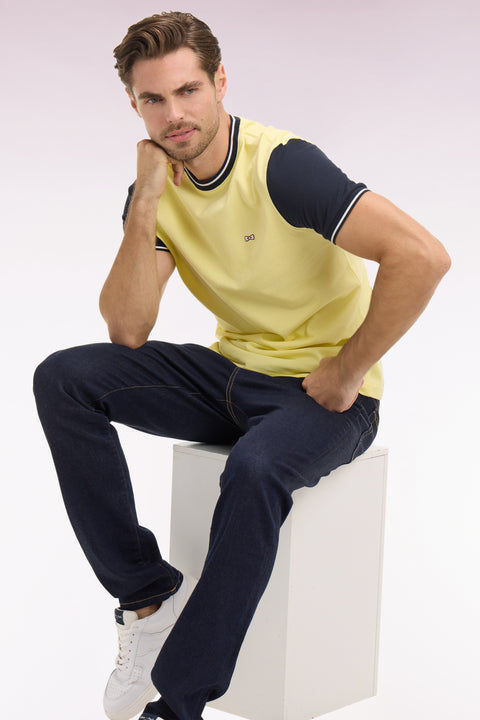 T-shirt à manches courtes en coton jaune bicolore brodé coupe regular - Image 1