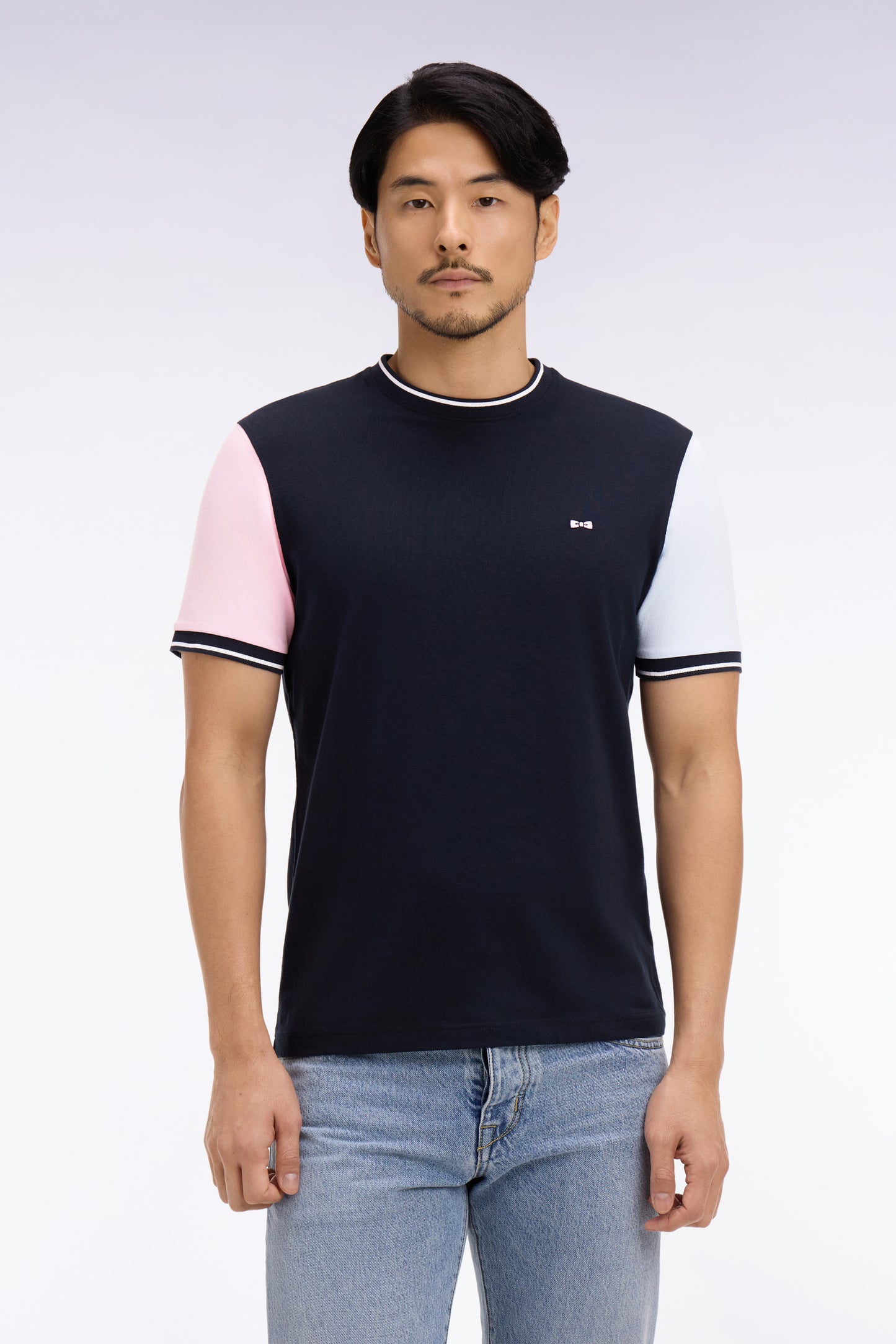 Short-sleeved T-shirt in regular-fit embroidered tricolor cotton