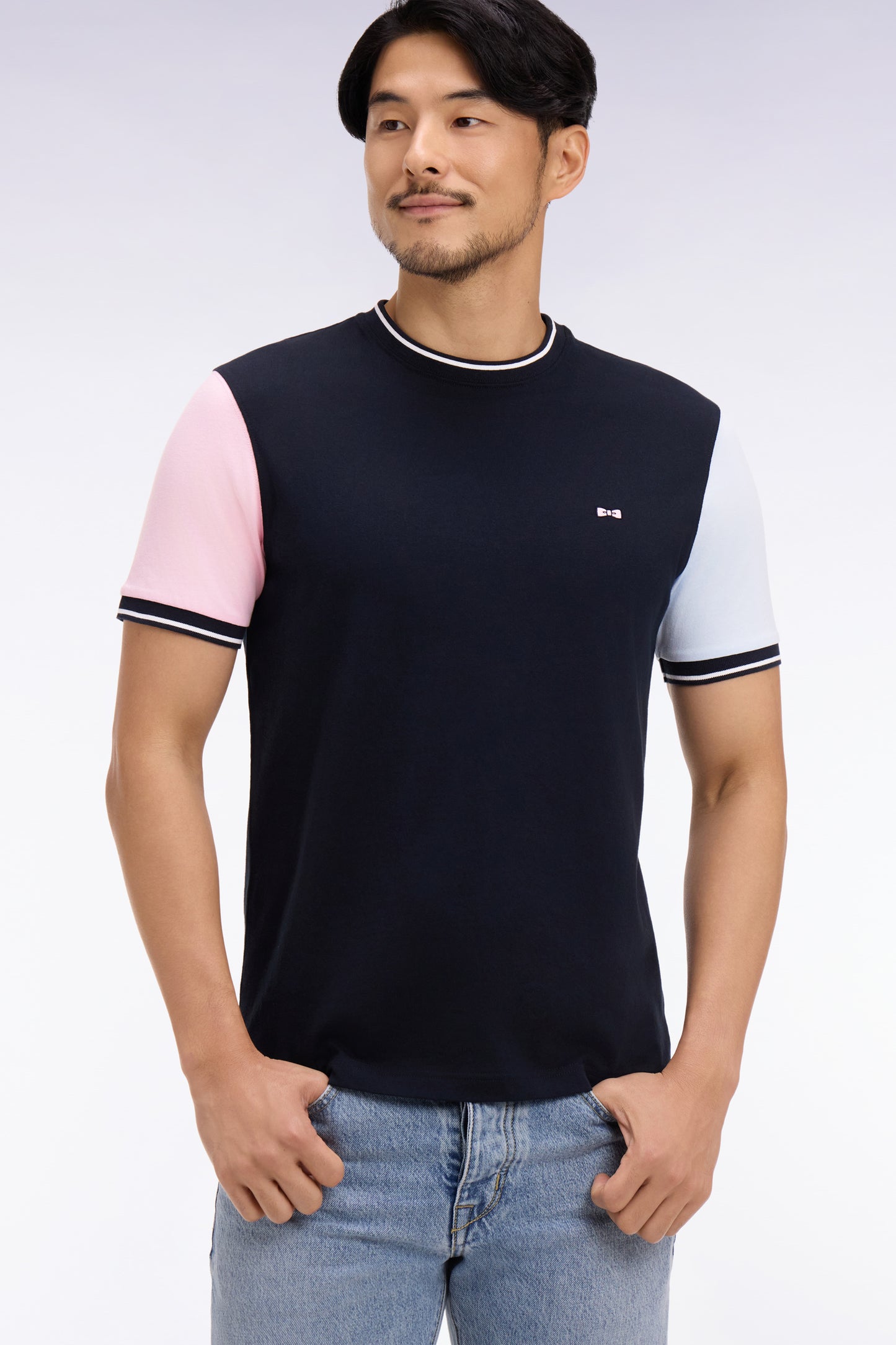 Short-sleeved T-shirt in regular-fit embroidered tricolor cotton