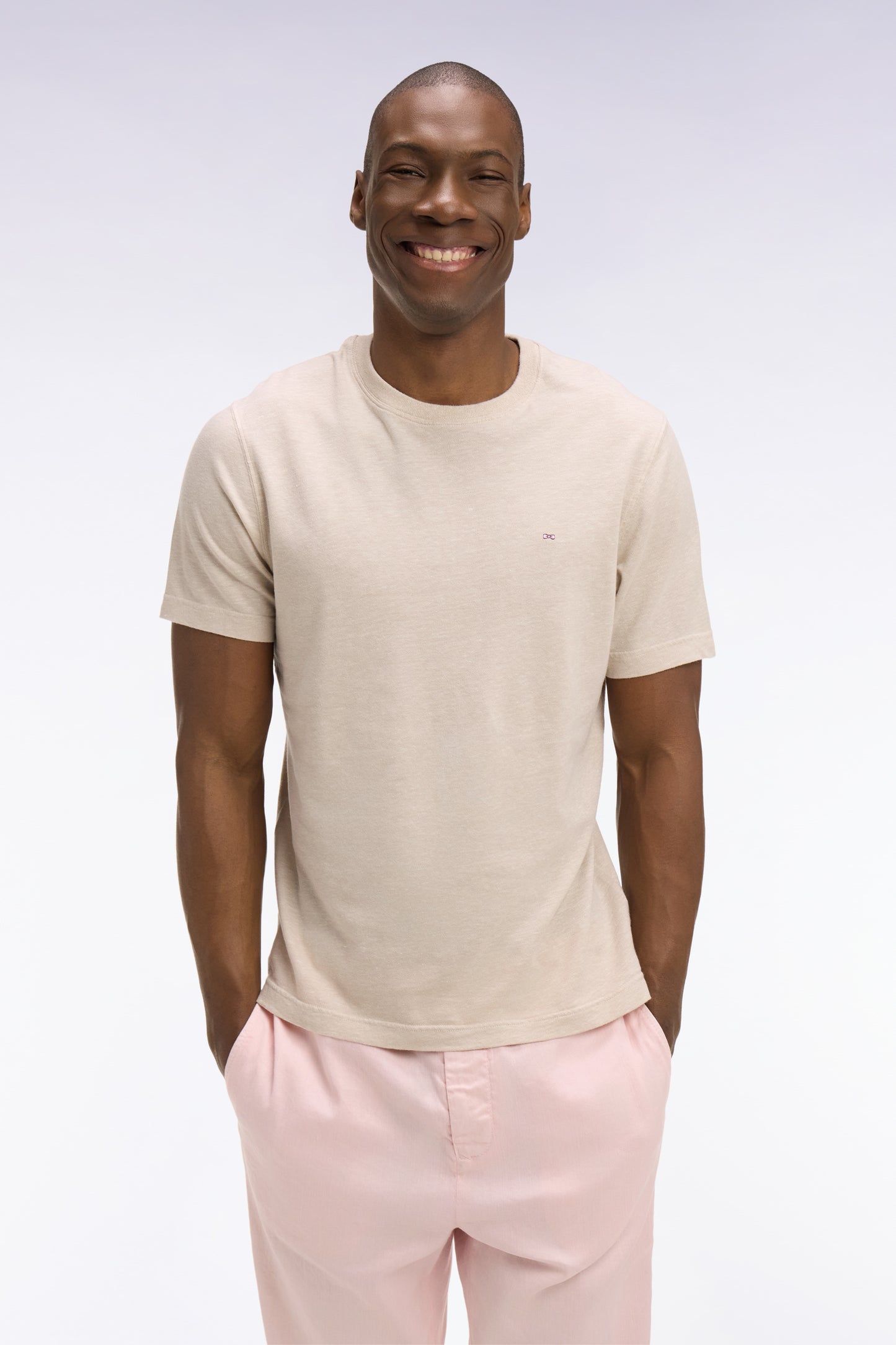 Short-sleeved regular-fit beige cotton and linen T-shirt