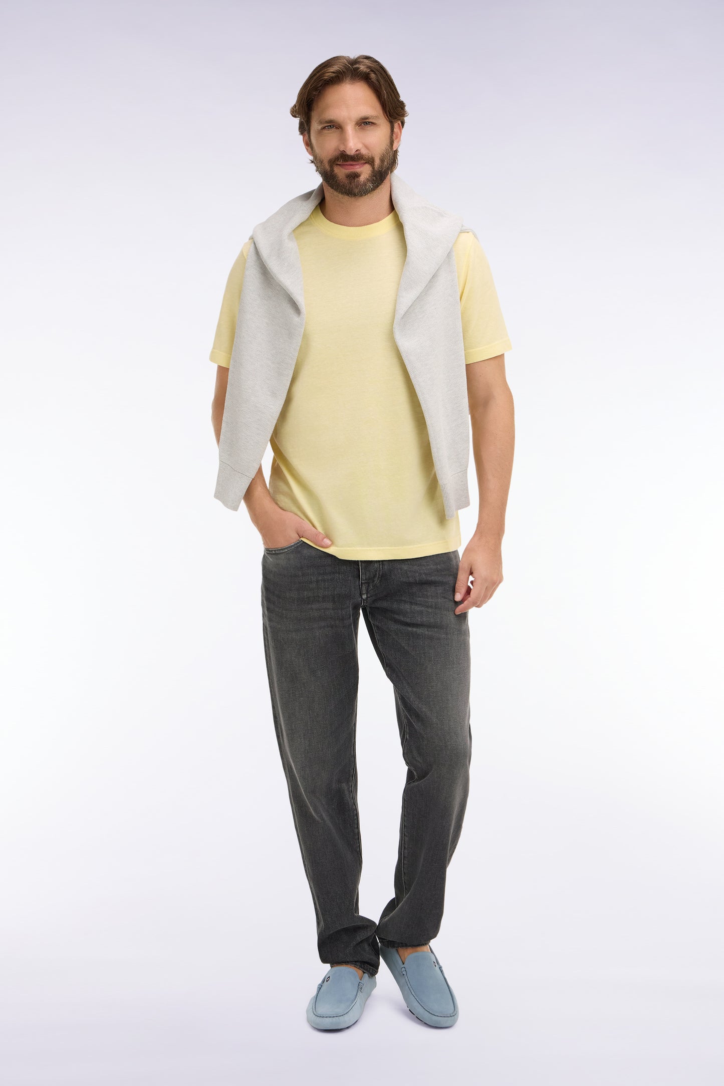 Short-sleeved regular-fit yellow cotton and linen T-shirt