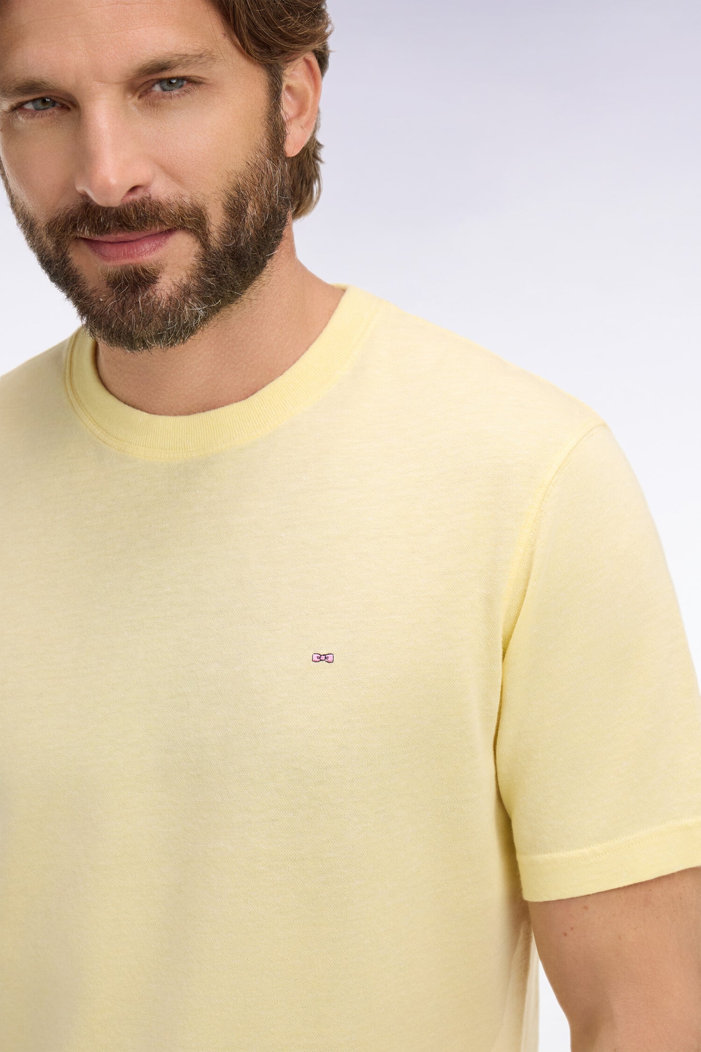 Short-sleeved regular-fit yellow cotton and linen T-shirt