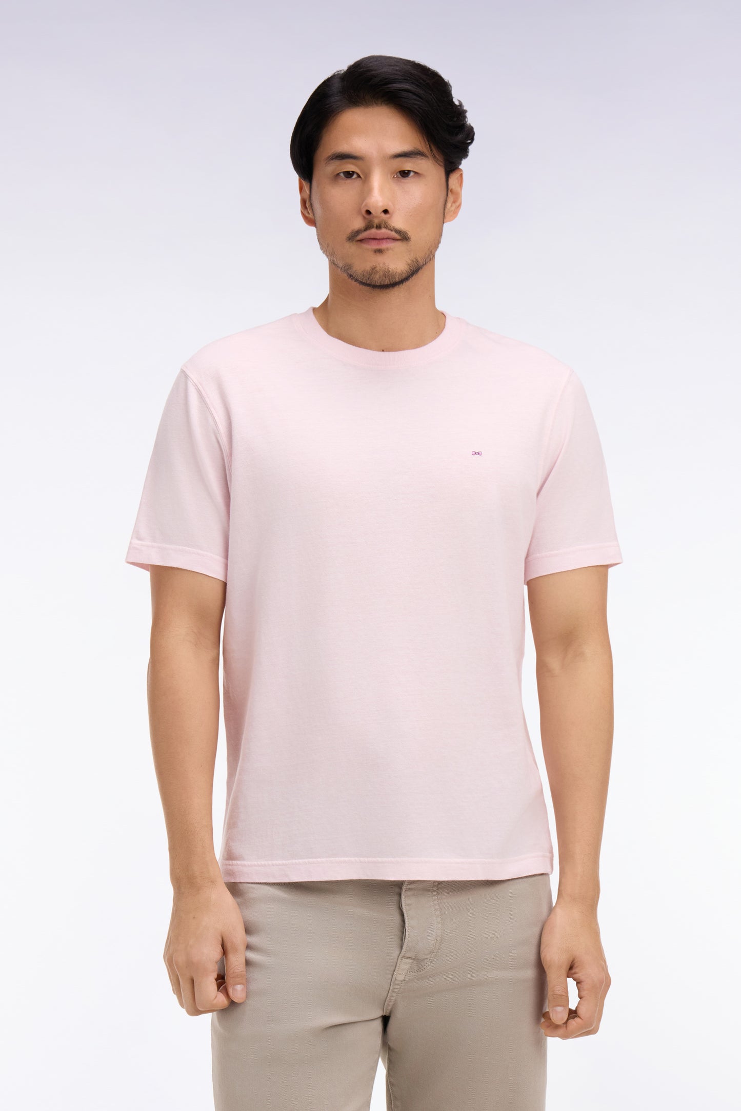 Regular fit pink cotton and linen short-sleeved T-shirt