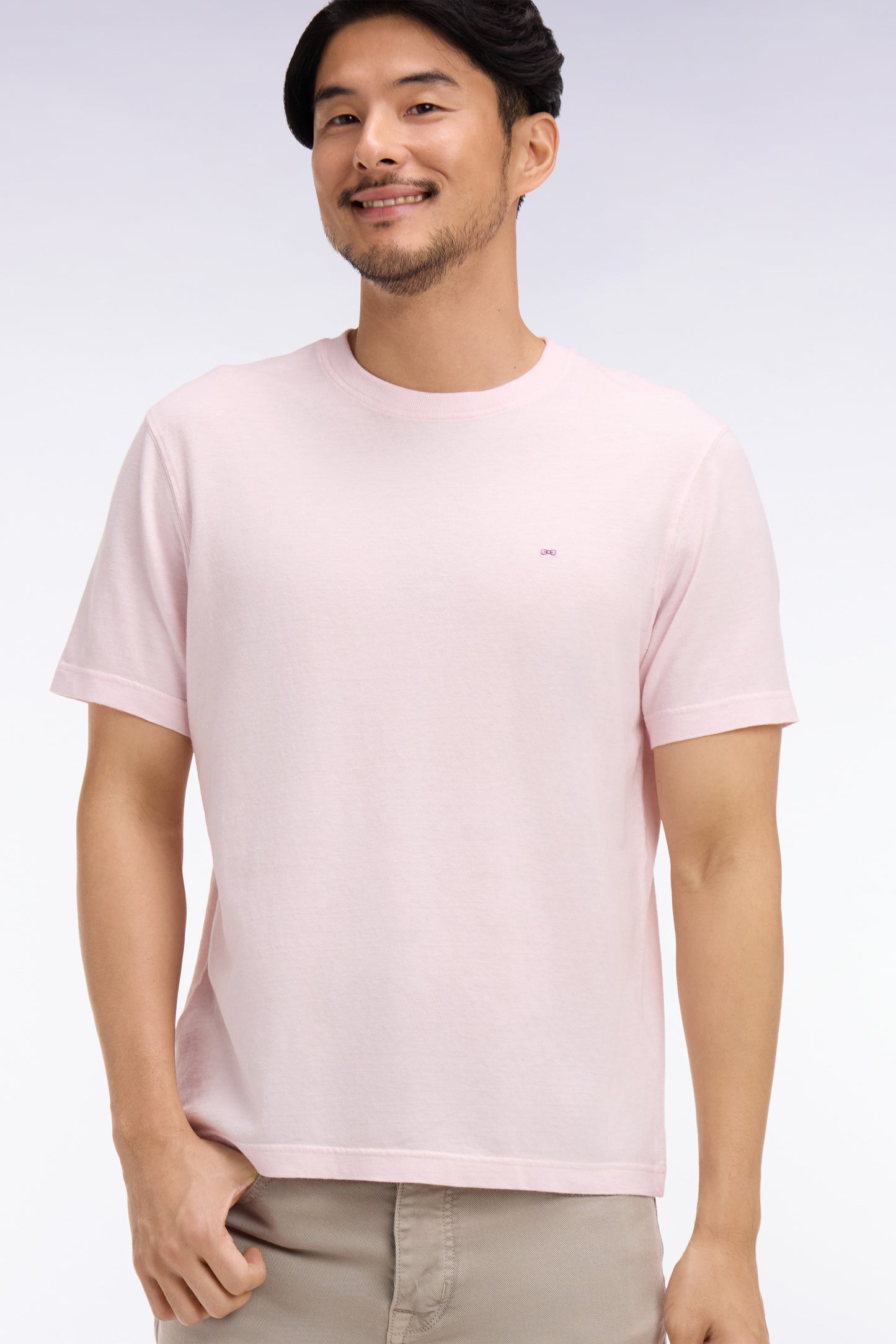 Regular fit pink cotton and linen short-sleeved T-shirt
