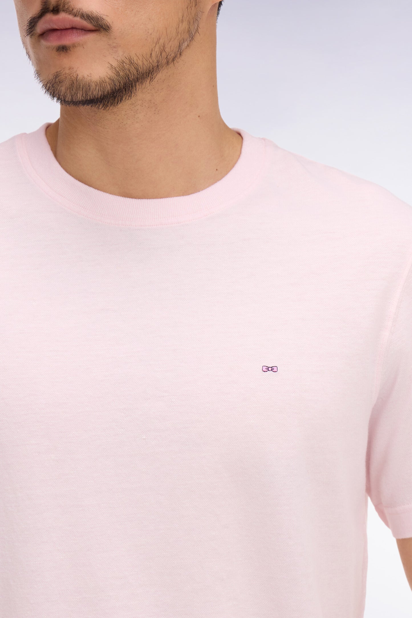 Regular fit pink cotton and linen short-sleeved T-shirt