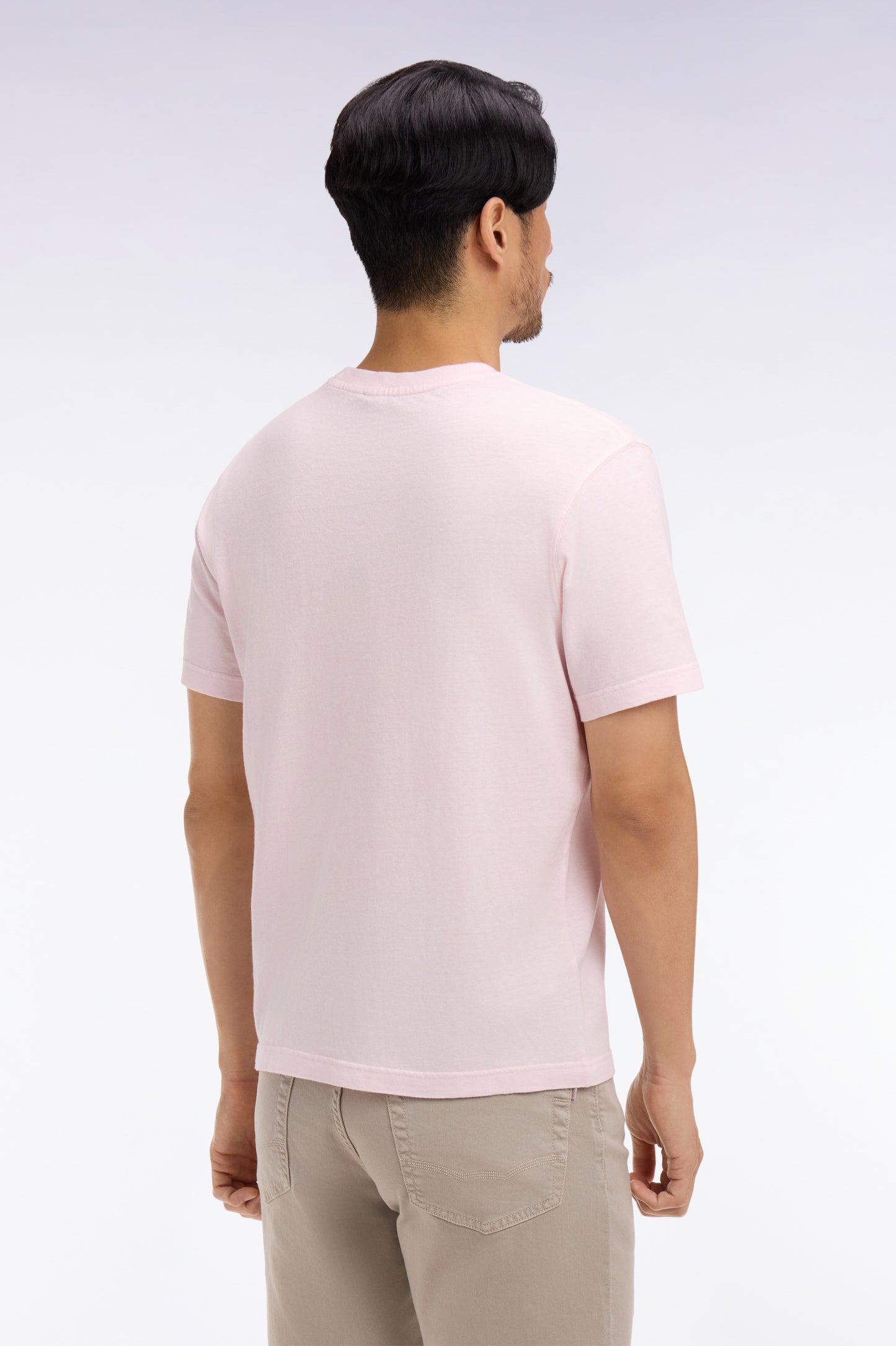 Regular fit pink cotton and linen short-sleeved T-shirt