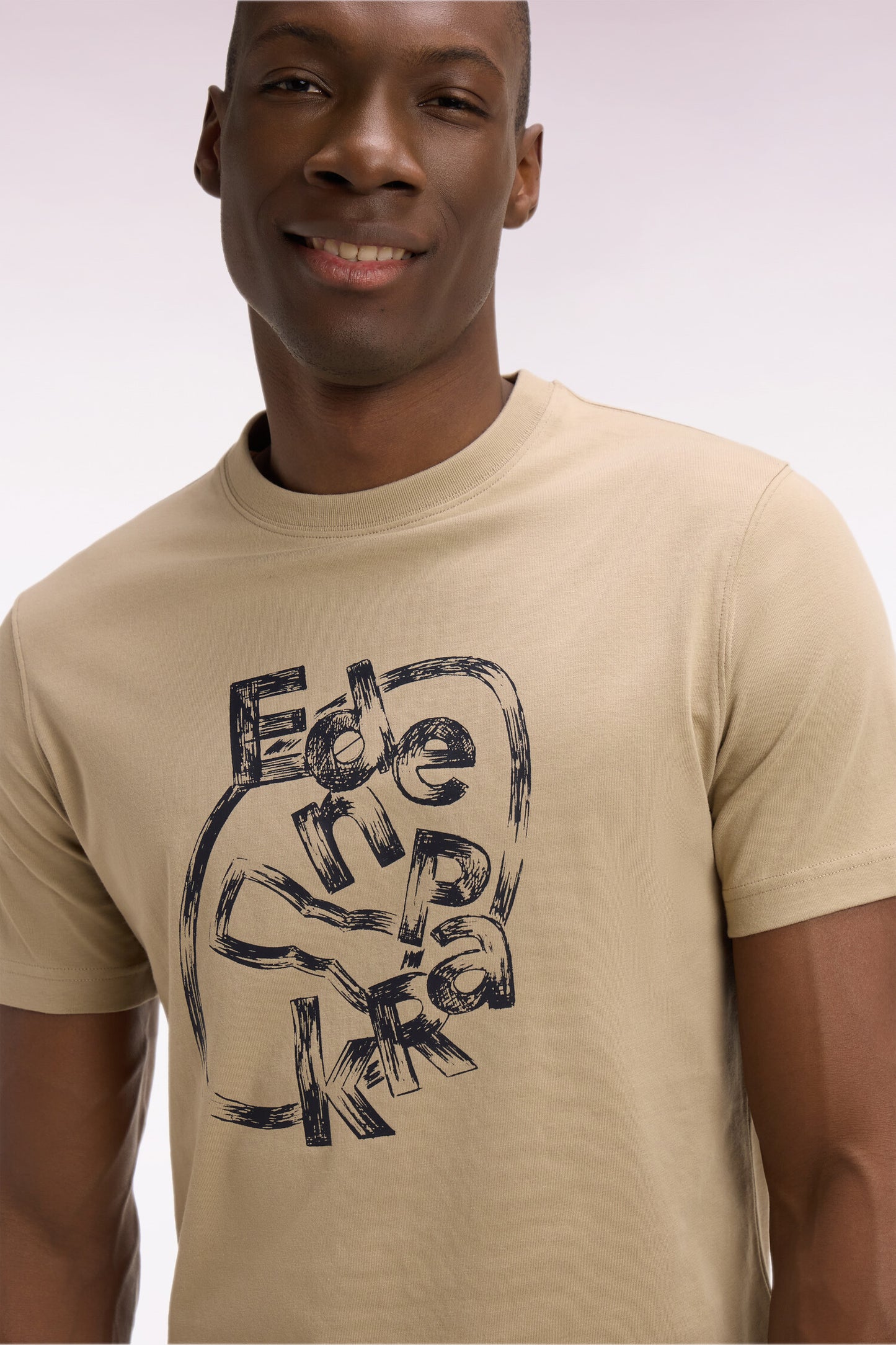 T-shirt à manches courtes en coton beige sérigraphié coupe regular