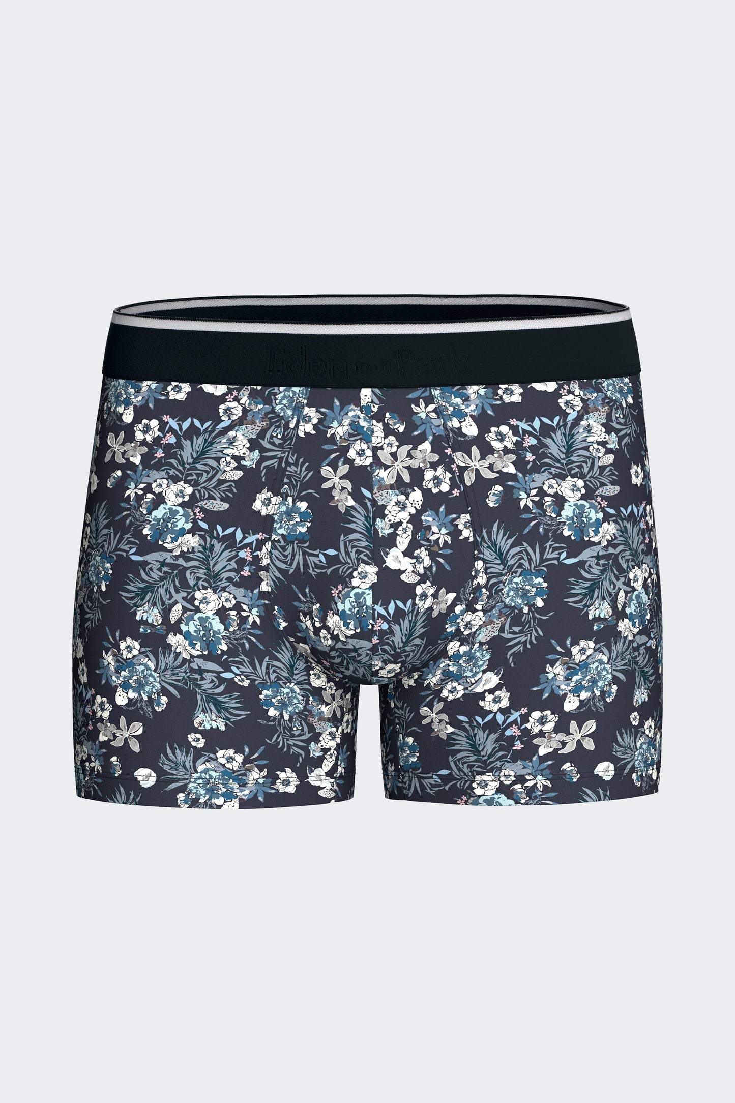 Boxer shorts in navy stretch cotton jersey with floral pattern