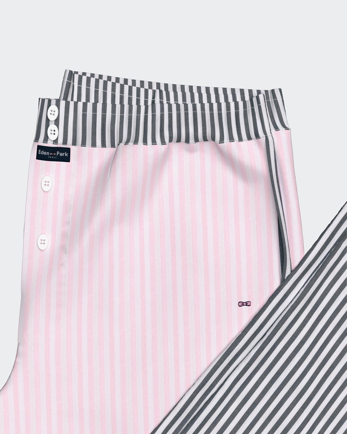 Pyjama long en coton à rayures bicolores marine et roses