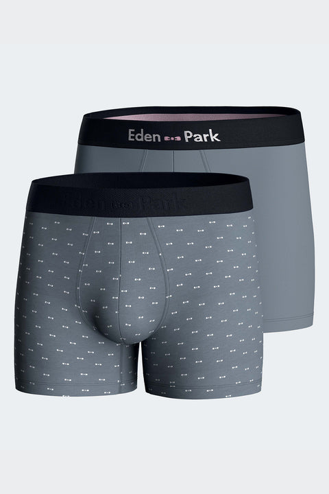 Set of two plain and printed boxer shorts in blue-grey stretch cotton jersey - Image 1