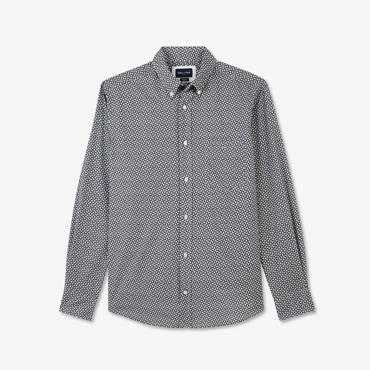 Dark blue straight-cut cotton shirt with exclusive print