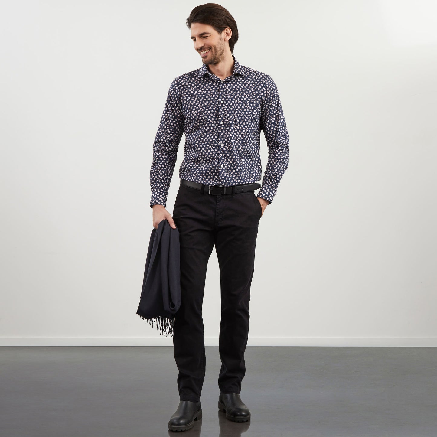 Navy blue shirt with exclusive floral print