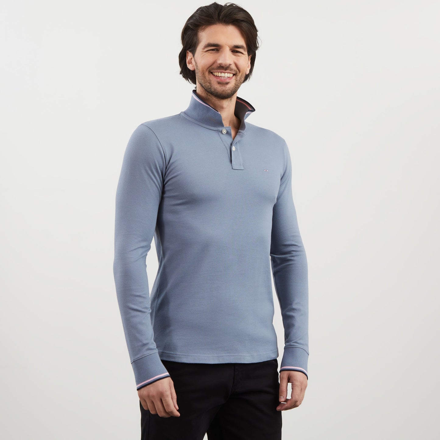 Blue long-sleeved polo shirt