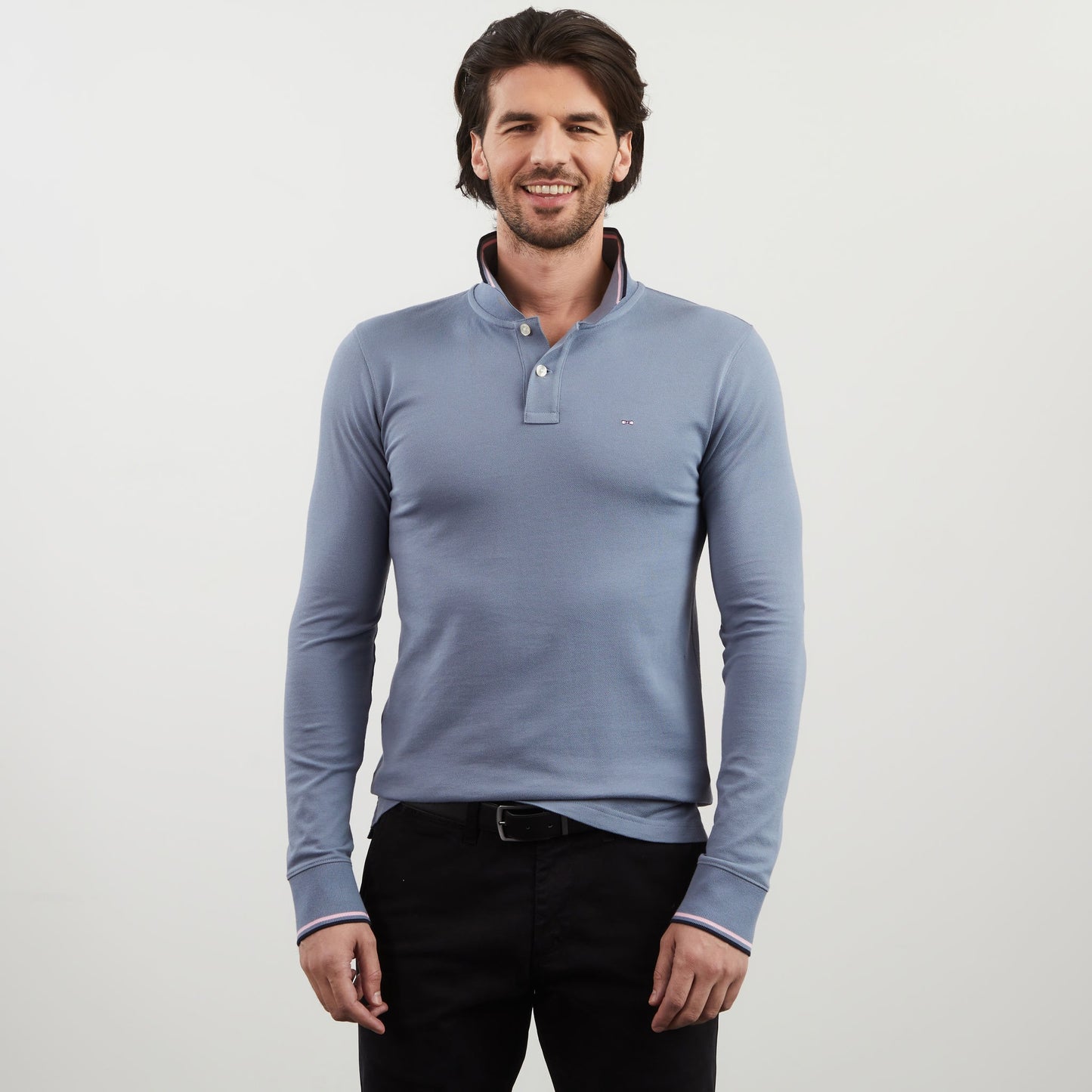 Blue long-sleeved polo shirt