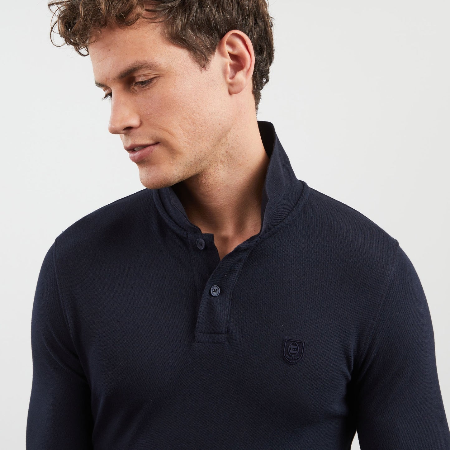Navy blue long-sleeved polo shirt