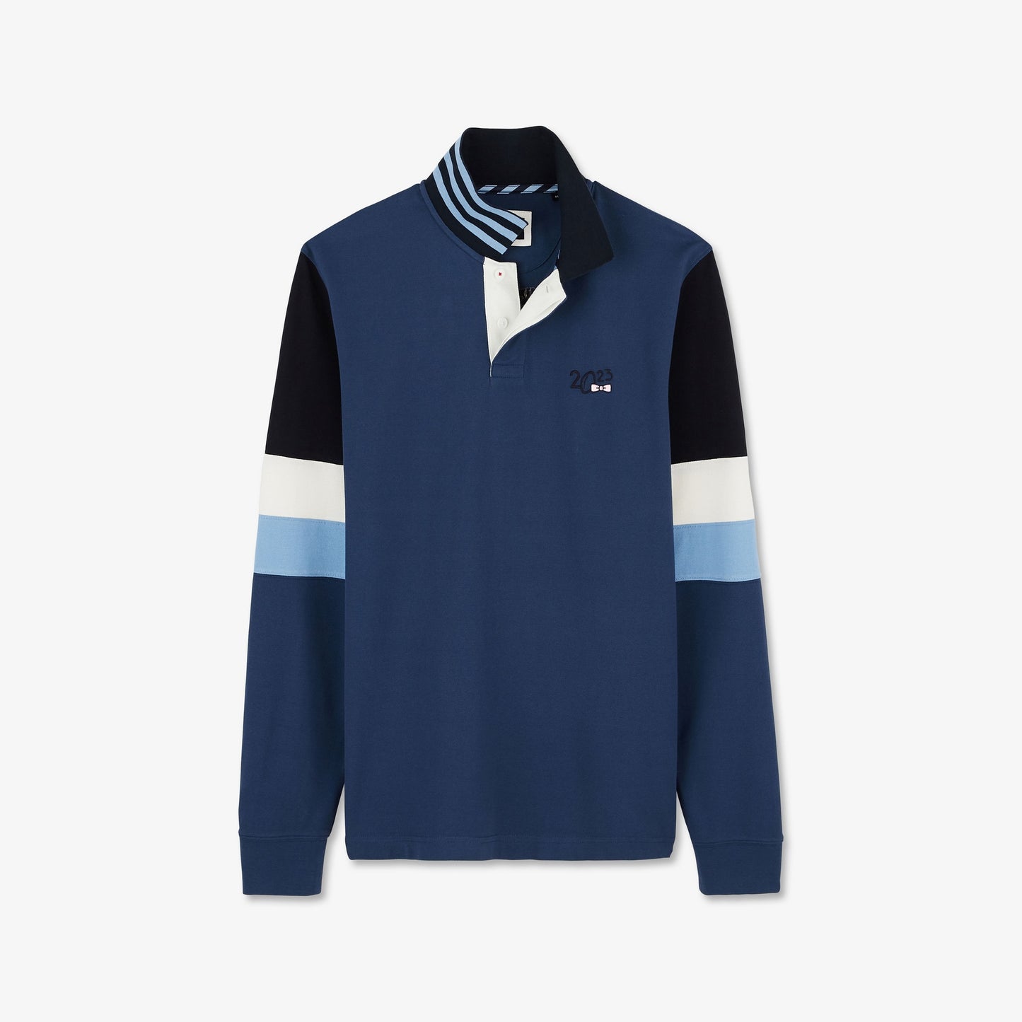 Blue colourblock polo shirt with 2023 embroidery