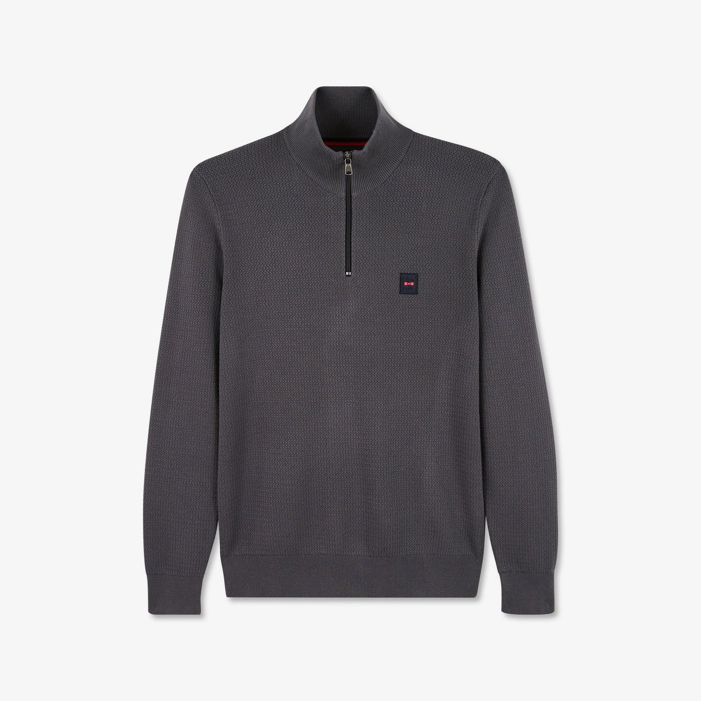 Dark grey zip-neck jumper in decorative cable knit