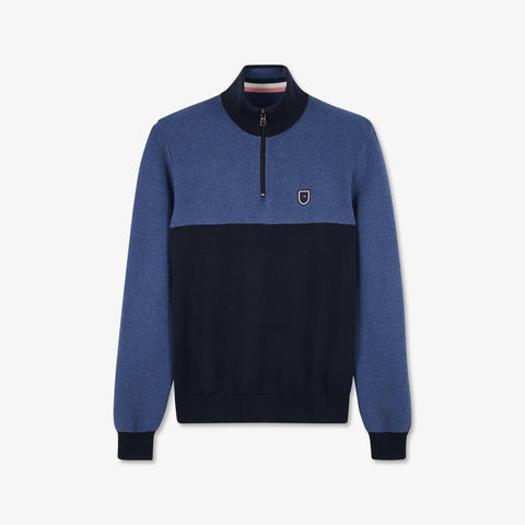 Blue zip-neck colourblock jumper - Image 2