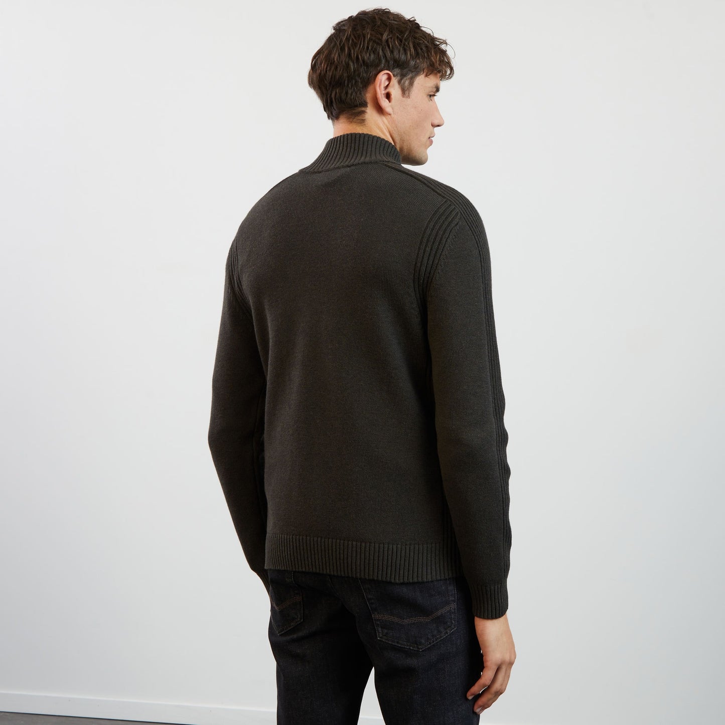 Khaki zip-neck jumper in combination knit