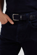 Navy blue braided belt with silver metal buckle