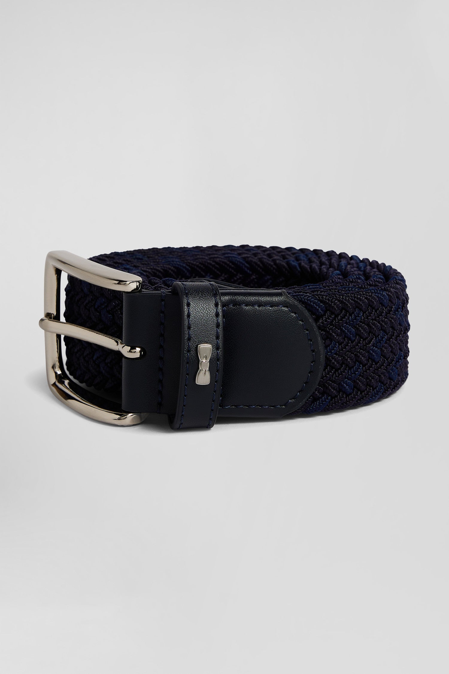 Navy blue braided belt with silver metal buckle