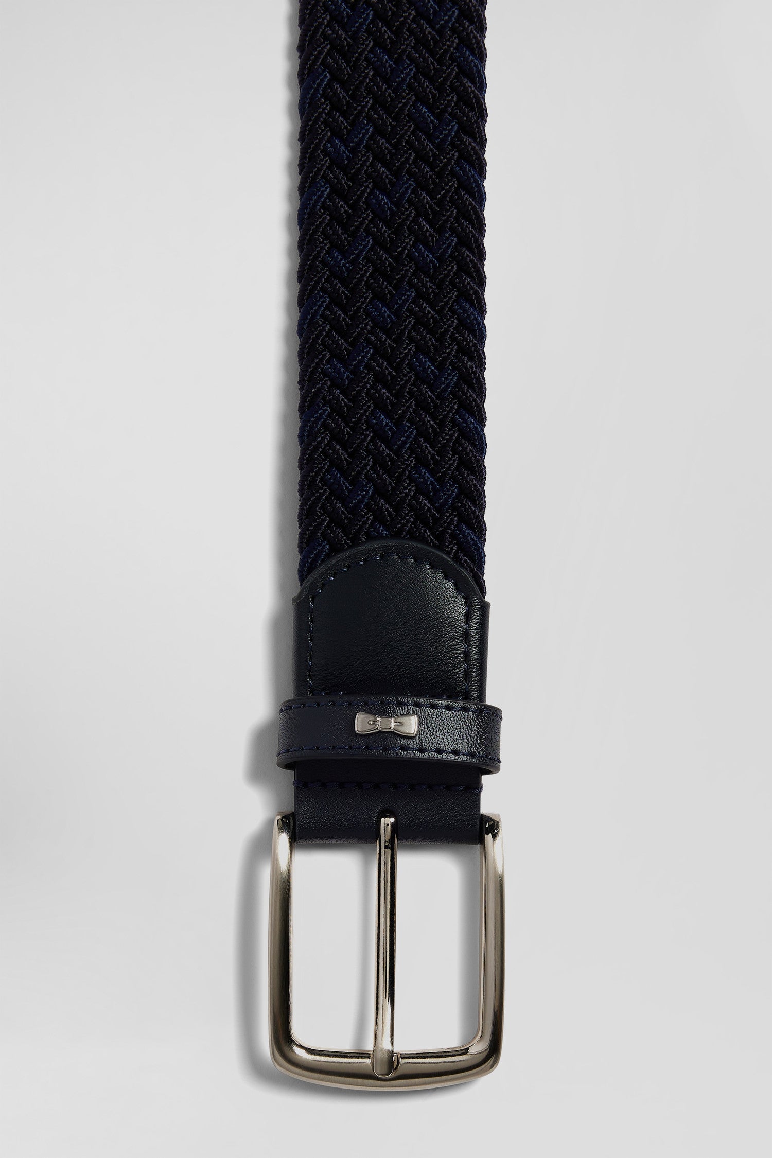 Navy blue braided belt with silver metal buckle