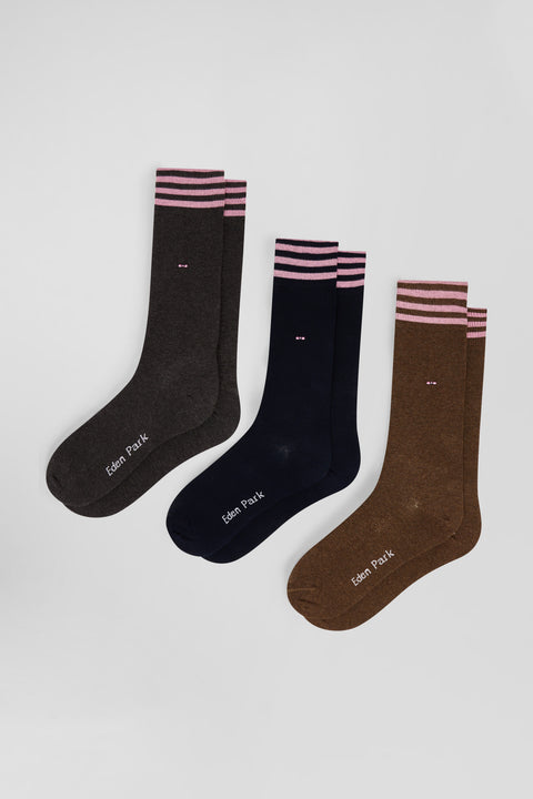 Set of 3 pairs of brown stretch cotton socks with striped details - Image 1