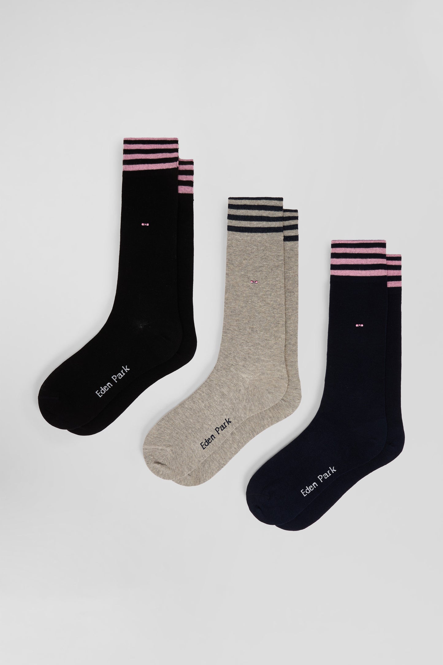 Set of 3 pairs of black stretch cotton socks with striped details