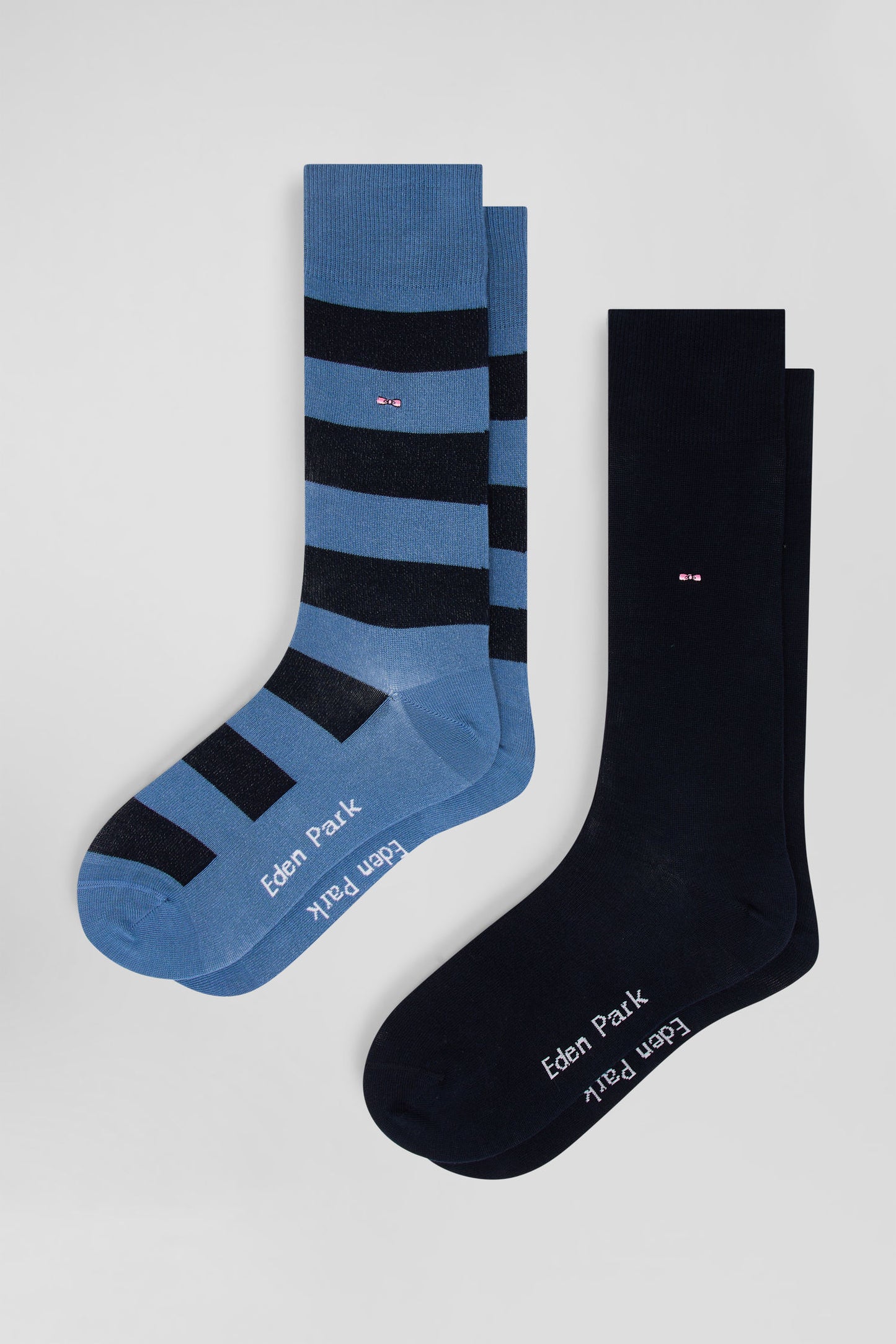 Set of 2 pairs of stretch cotton socks with sky blue and navy stripes