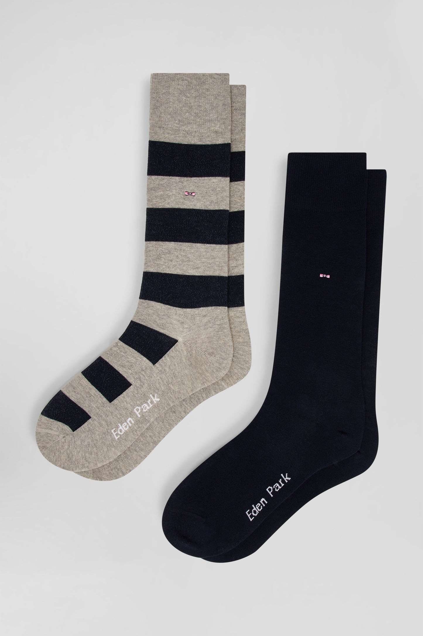 Set of 2 pairs of stretch cotton socks with grey and navy stripes