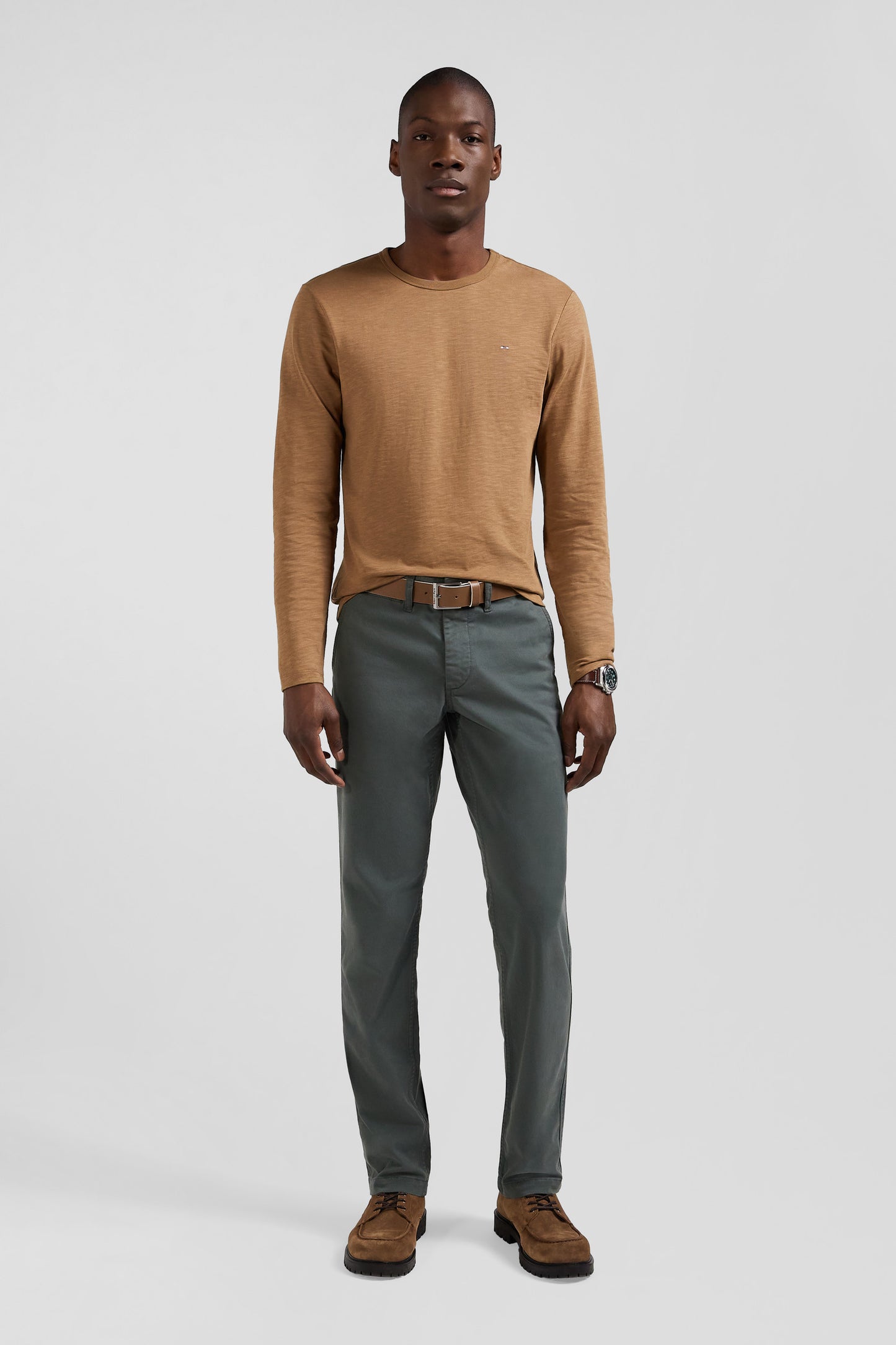 Regular grey chino trousers in stretch cotton gabardine