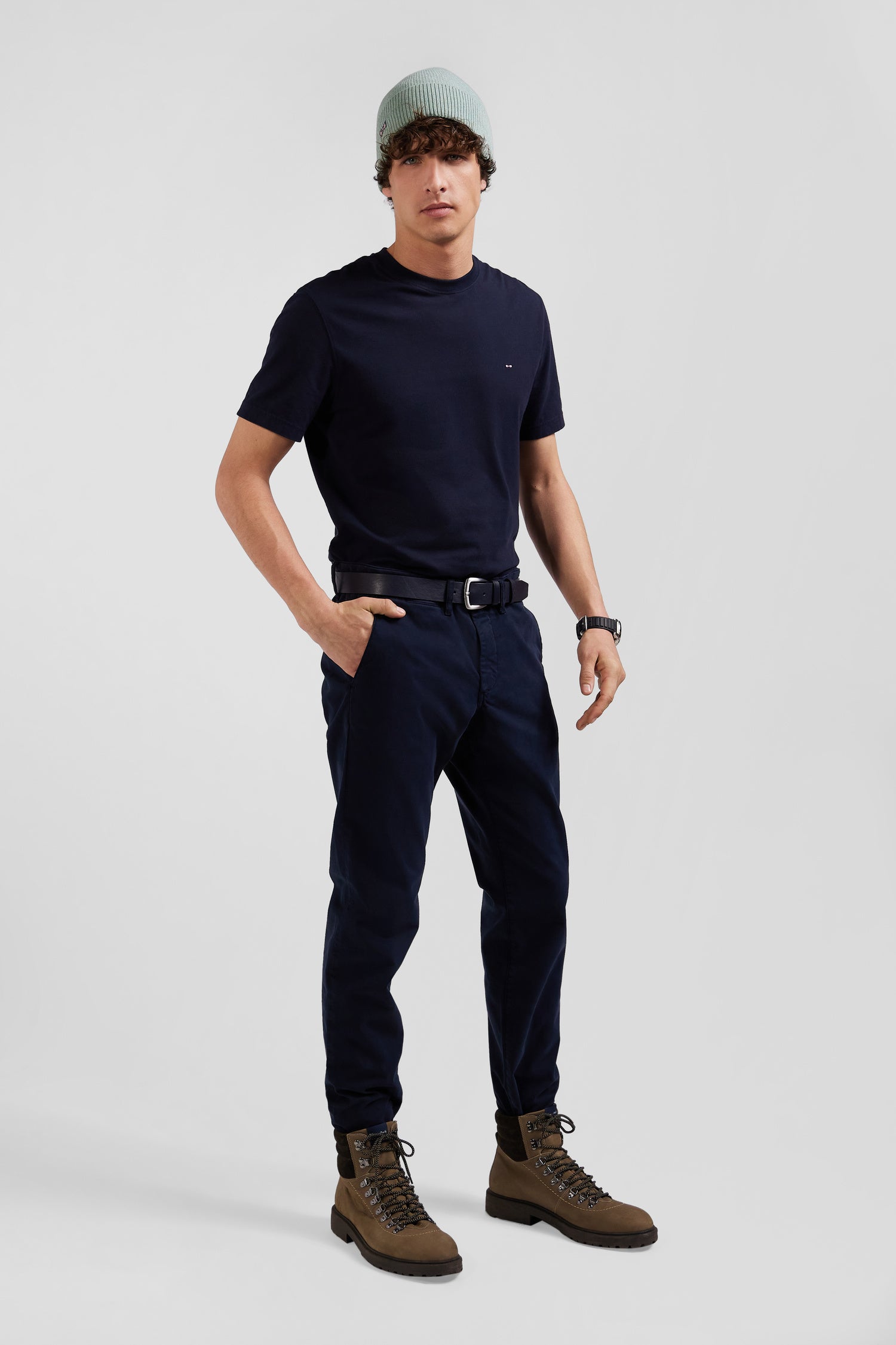 Slim plain navy blue chino trousers in stretch cotton