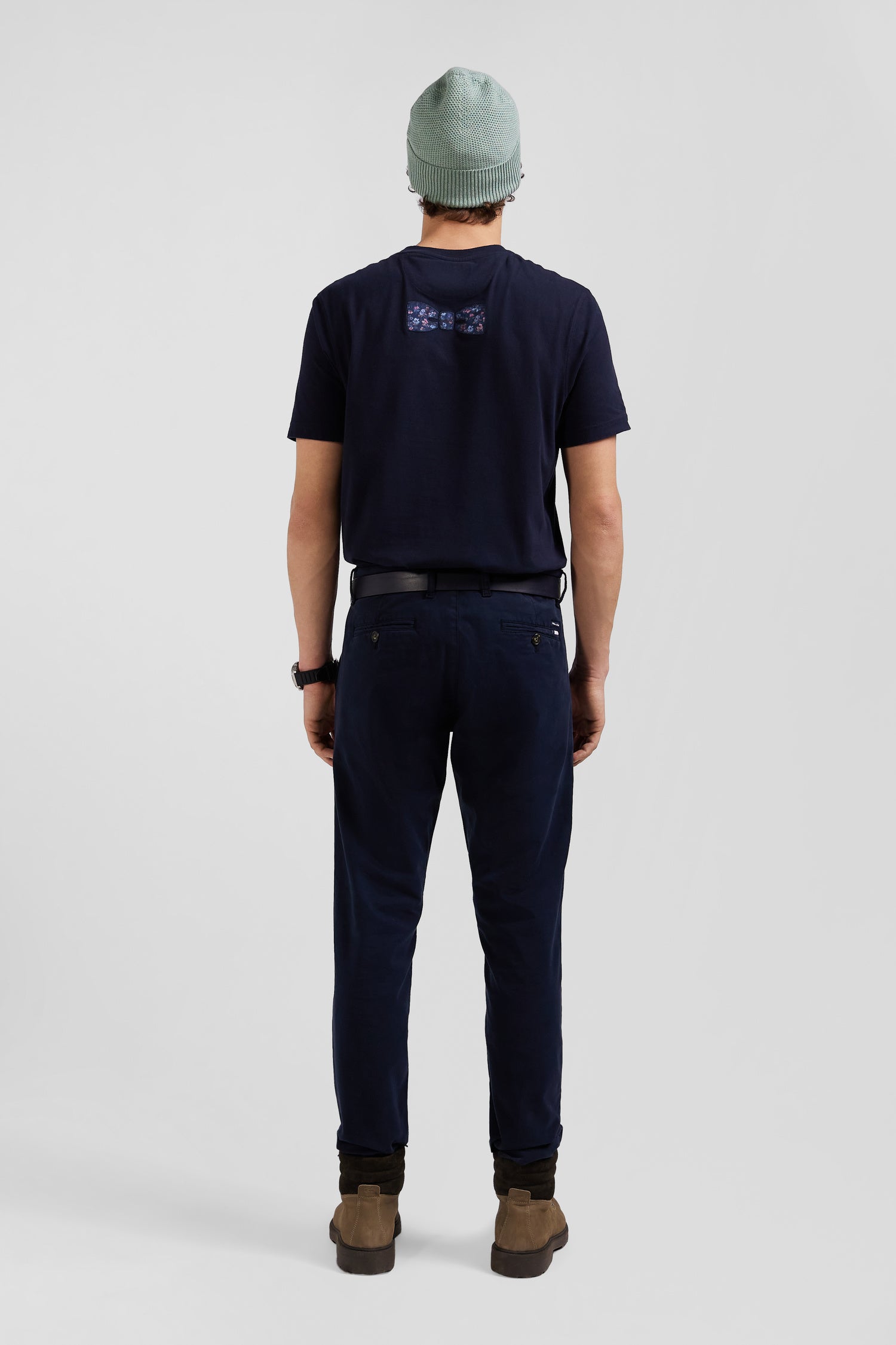 Slim plain navy blue chino trousers in stretch cotton