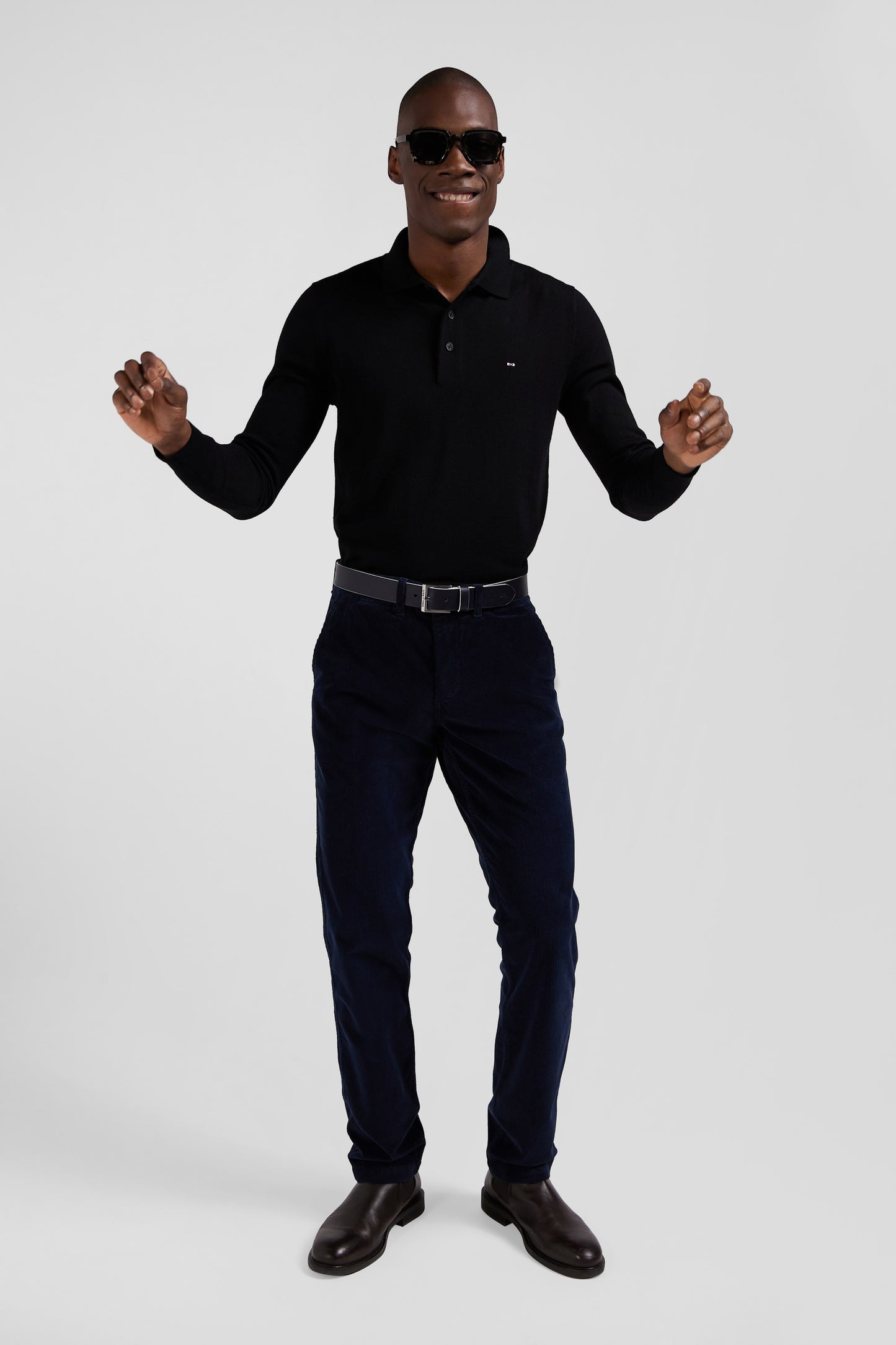 Regular navy blue stretch cotton velvet chino trousers
