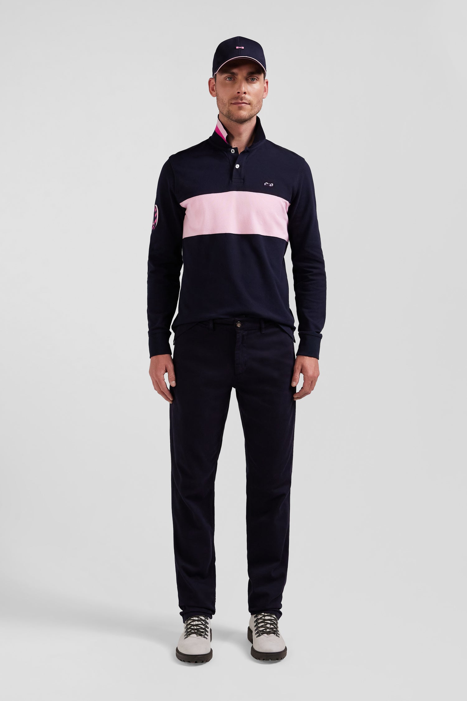 Regular navy blue stretch cotton piqué and modal chino trousers