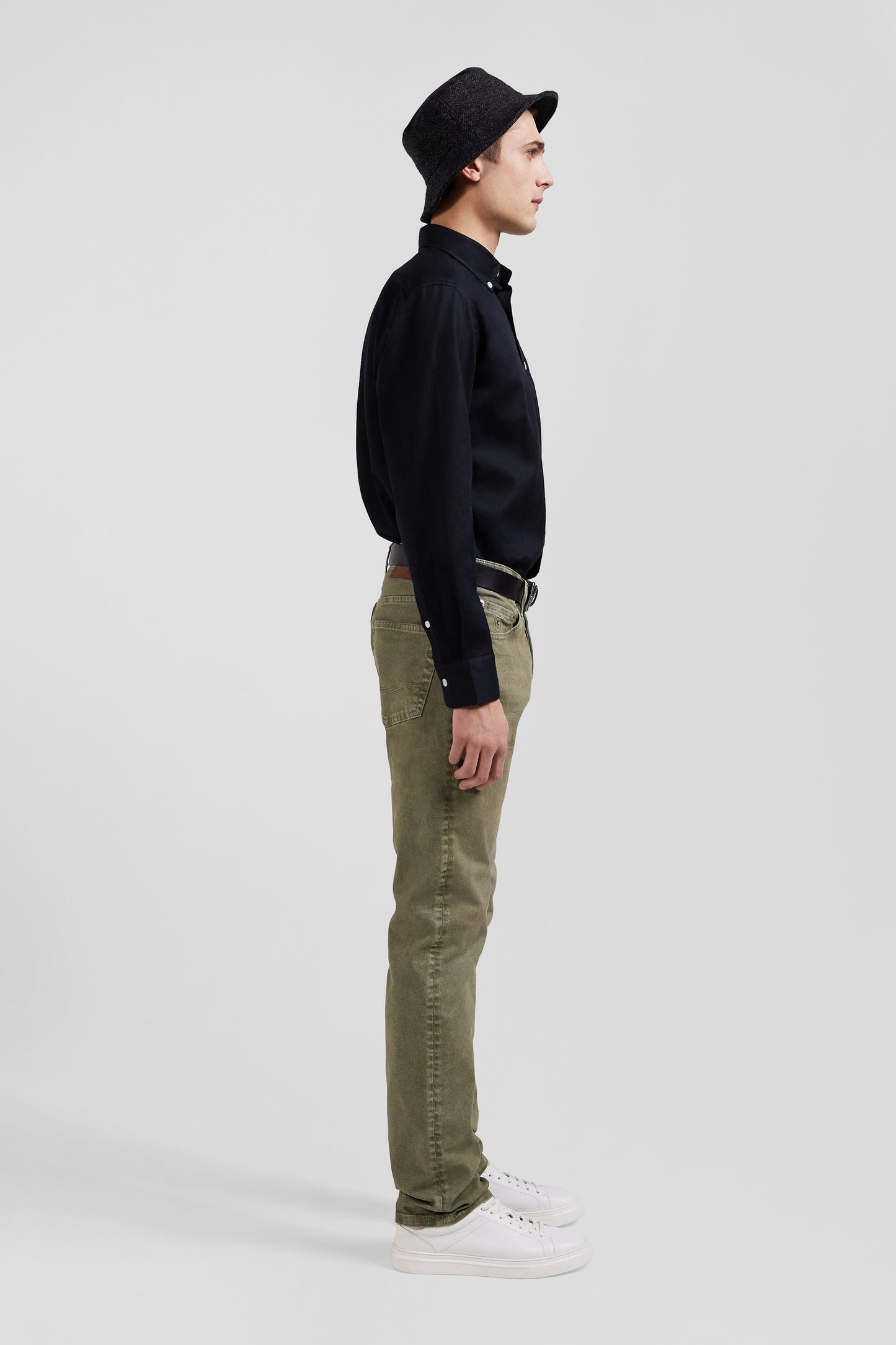 Regular beige stretch cotton 5-pocket trousers