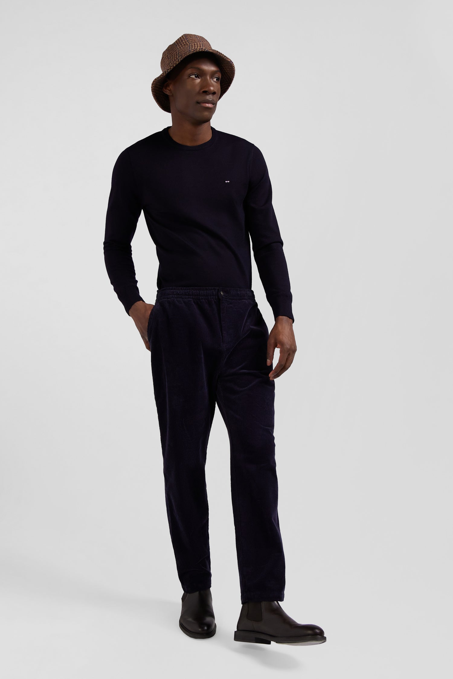 Modern navy blue stretch cotton elastic waist trousers