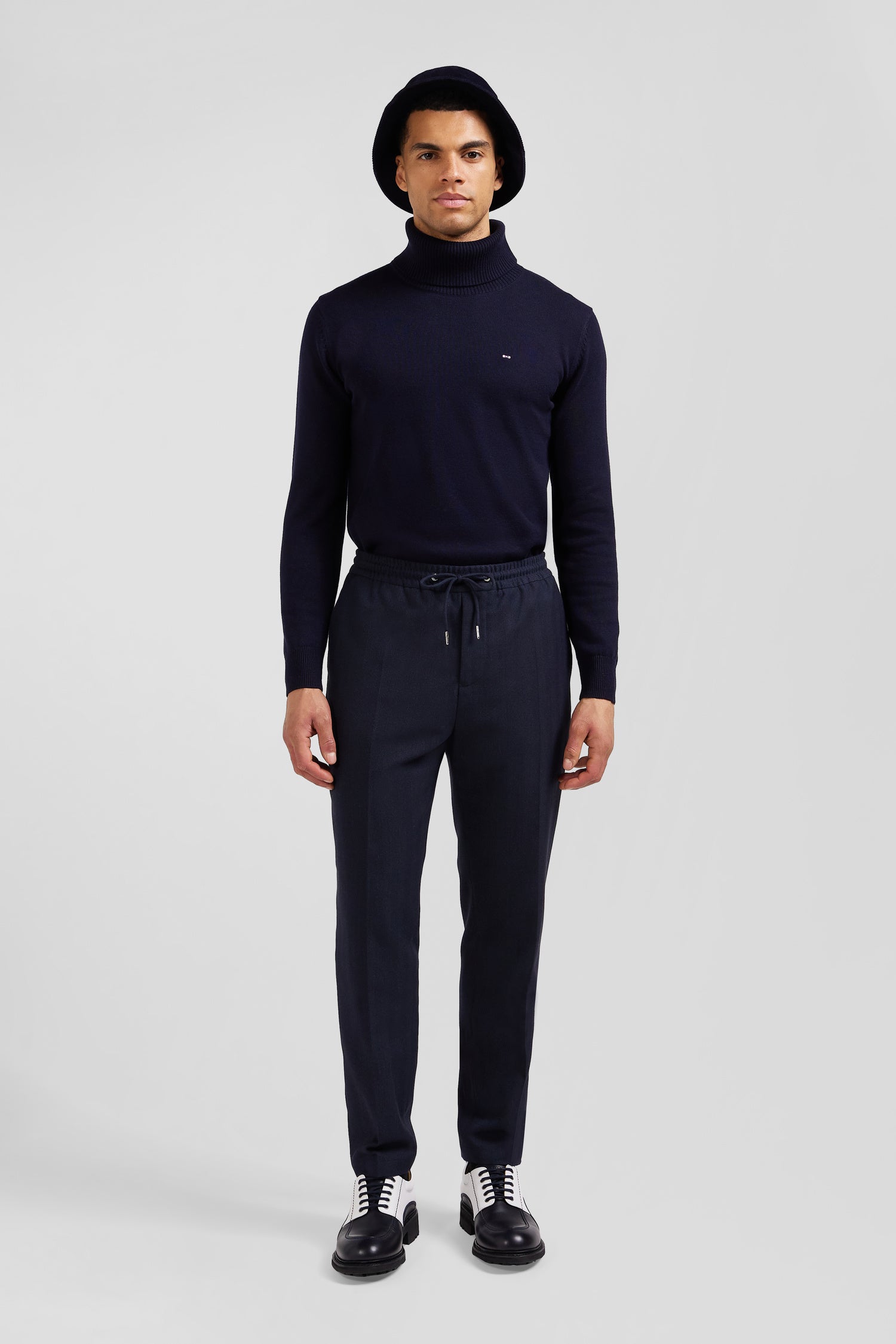 Modern navy blue elastic waist trousers