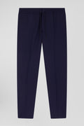 Modern navy blue blended wool elastic waist trousers